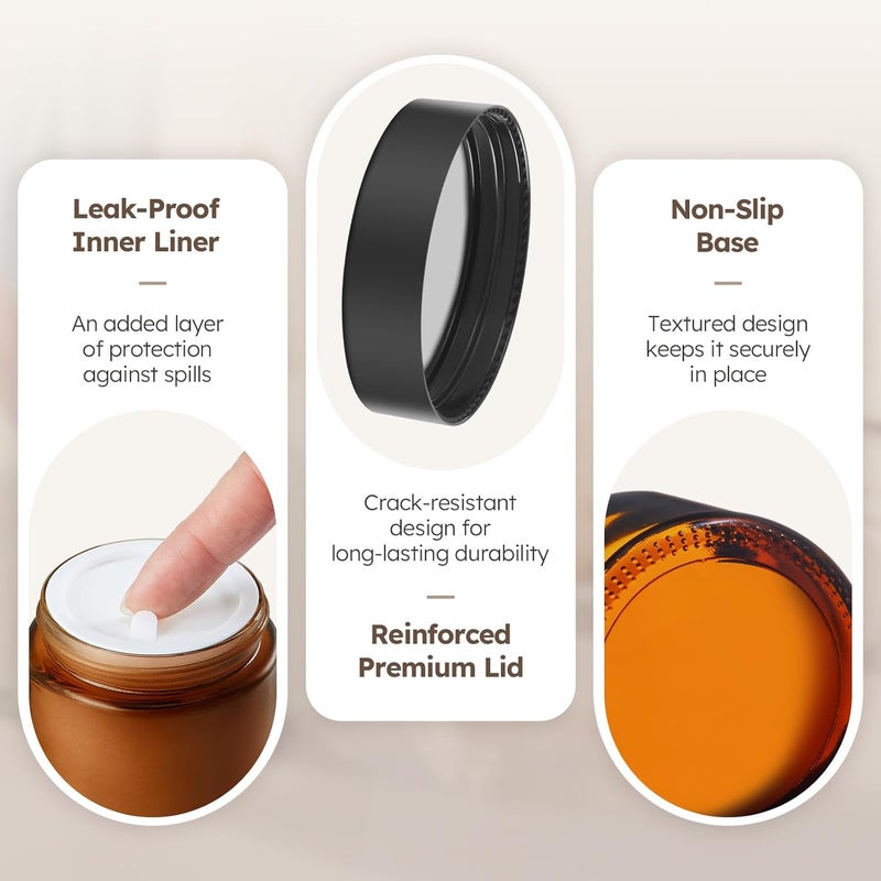 Tecohouse 2 oz Glass Jars with Lids, 6 Pack Amber Glass Jars with Black Lids Leakproof Round Airtight Empty Cosmetic Travel Containers with Inner Liners For Lotions Powders and Candle Making - Image 2